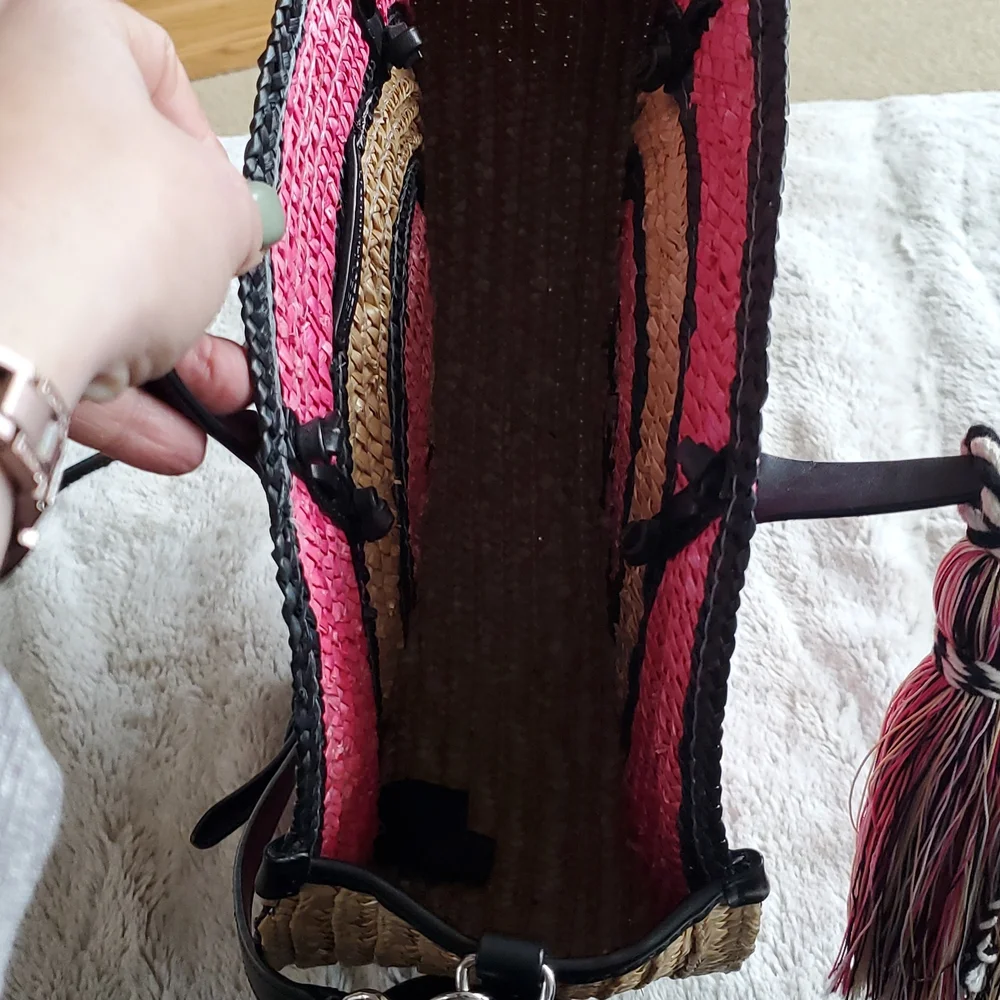 Rebecca Minkoff Pink and Beige Wicker Concentric Circle Tote Hand Bag - Picture 10 of 10